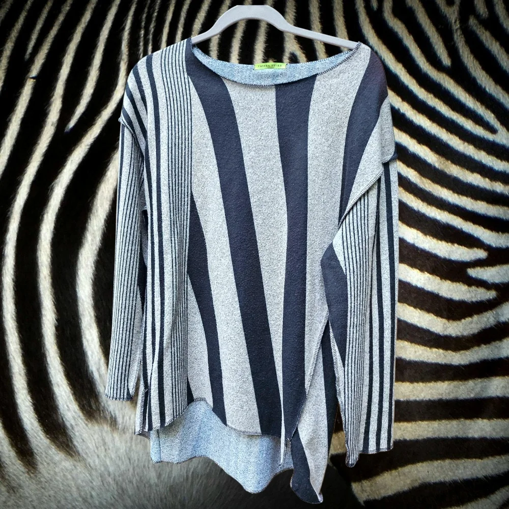 Trisha Tyler Striped Gray and Black Asymmetrical Sweater